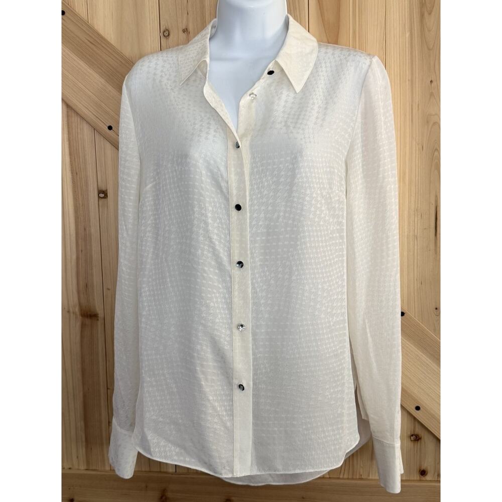 Veronica Beard Cream Ryana Silk Long Sleeve Gem Button Up Quiet Luxury Top Sz 4